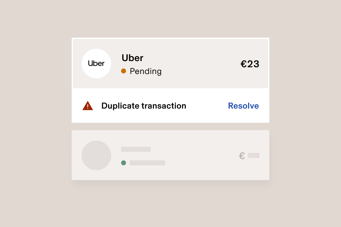 Uber payment interface showing a pending €23 transaction with a duplicate transaction warning and resolve option.