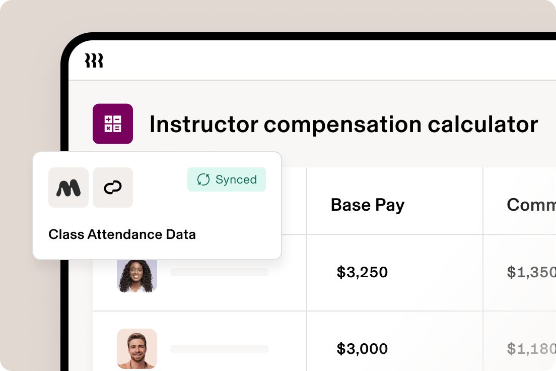 Instructor compensation calculator interface showing base pay of $3,250 and $3,000 with class attendance data popup