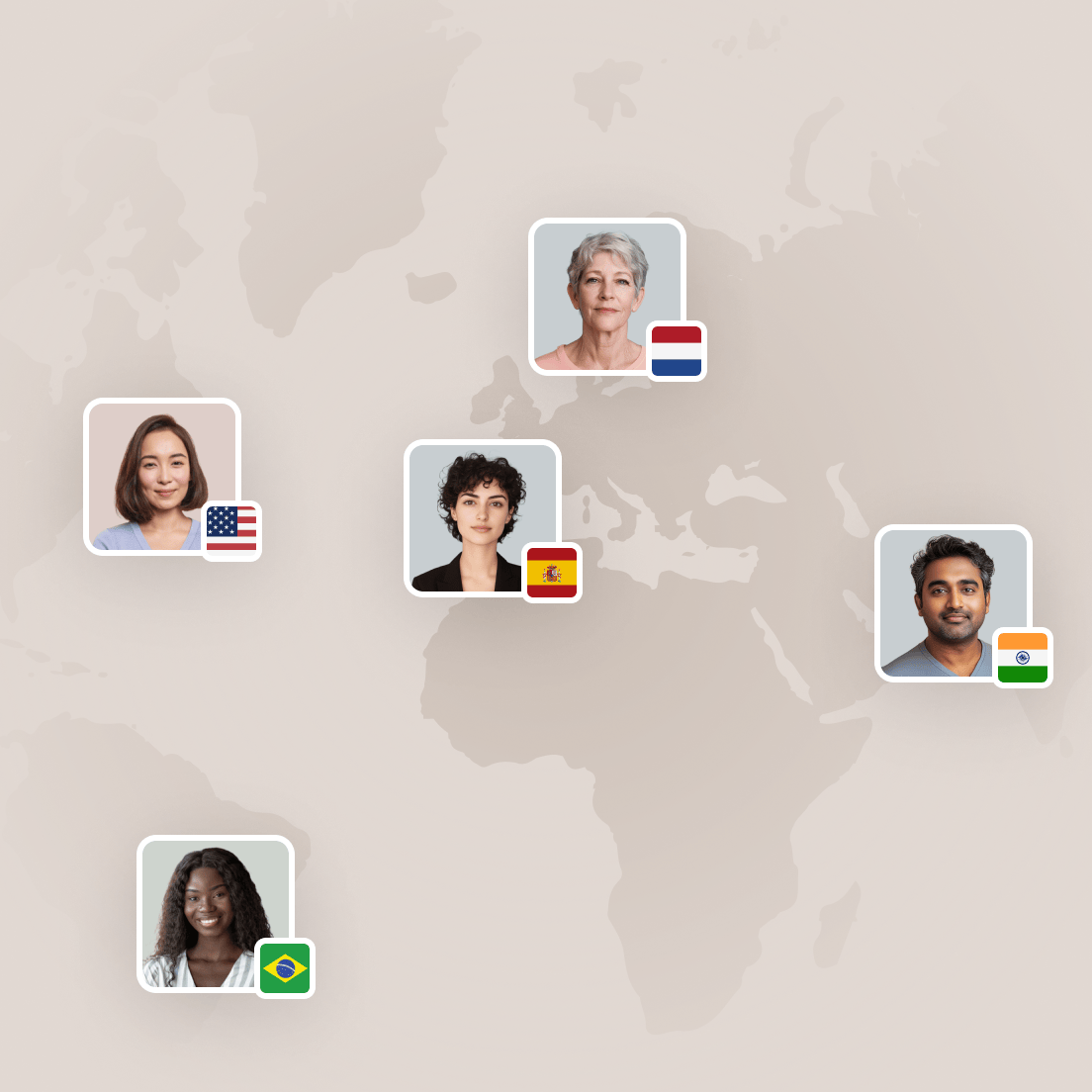 Profile photos with country flags from USA, Netherlands, Spain, India, and Brazil positioned on a world map background.