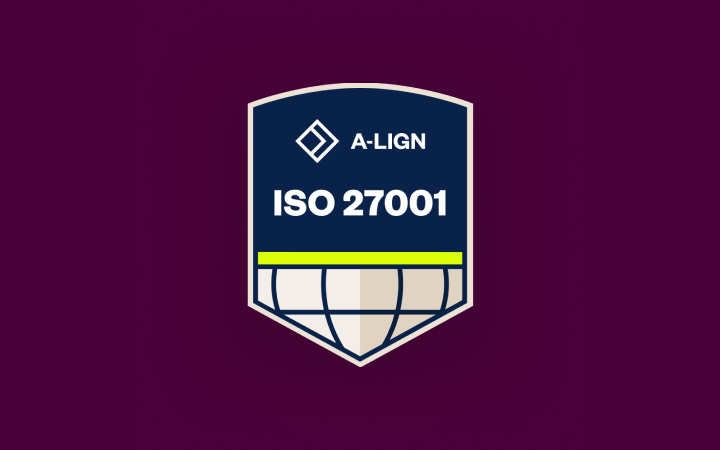 A-LIGN ISO 27001 certification badge with shield design on dark purple background.