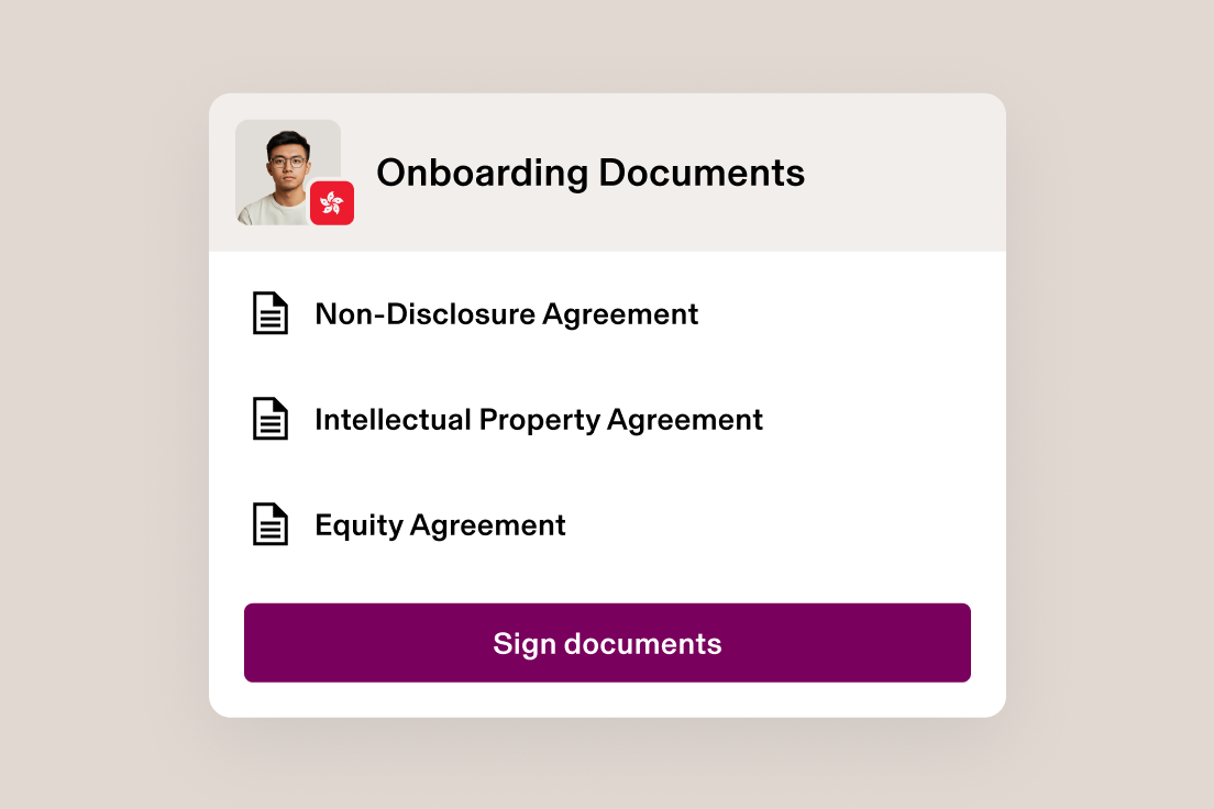 Onboarding documents interface showing three agreement types with a profile photo and yellow "Sign Documents" button.