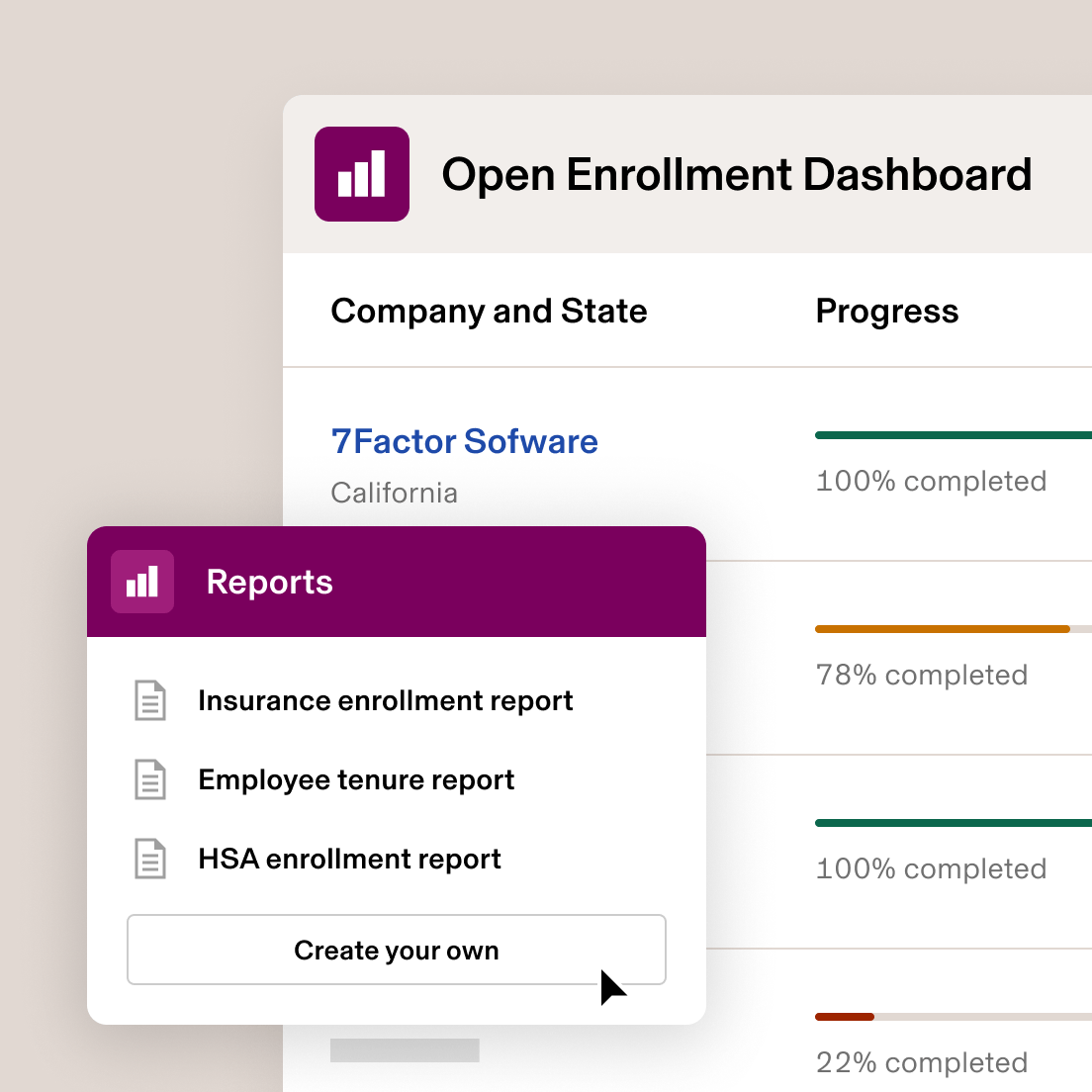 Open Enrollment Dashboard showing company progress with 7Factor Software at 100% complete and various enrollment reports at different completion stages.