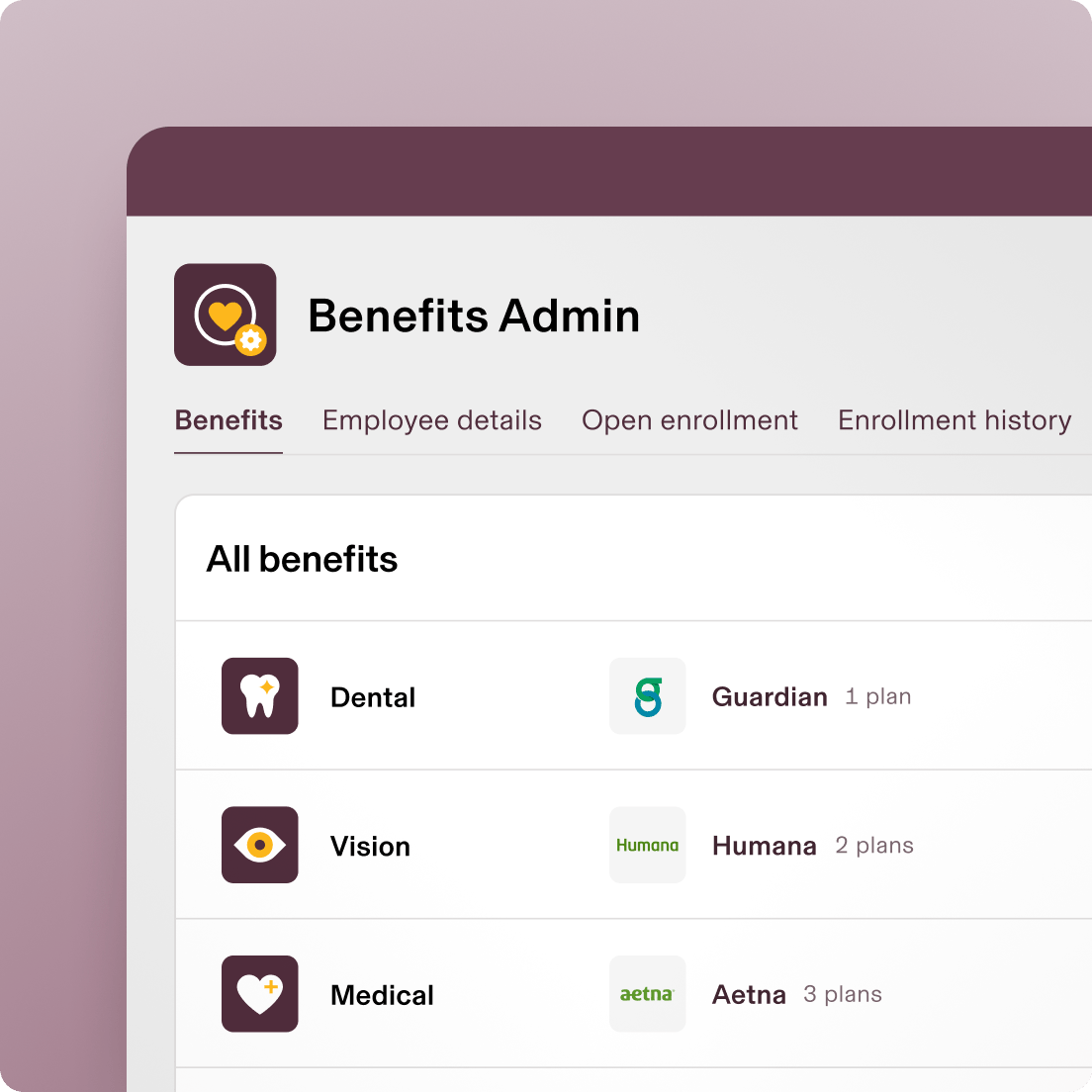 Screenshot of Benefits Admin screen in Rippling showing Dental, Vision and Medical elections