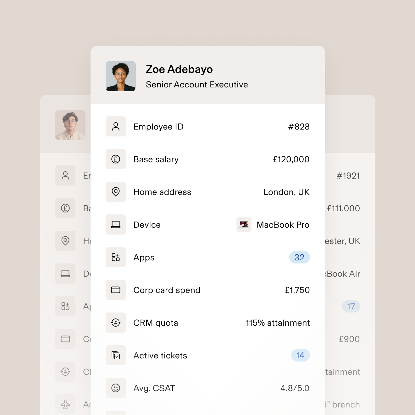 Employee photo with a list of business data including employee ID, base salary, assigned device, active tickets and average CSAT score 