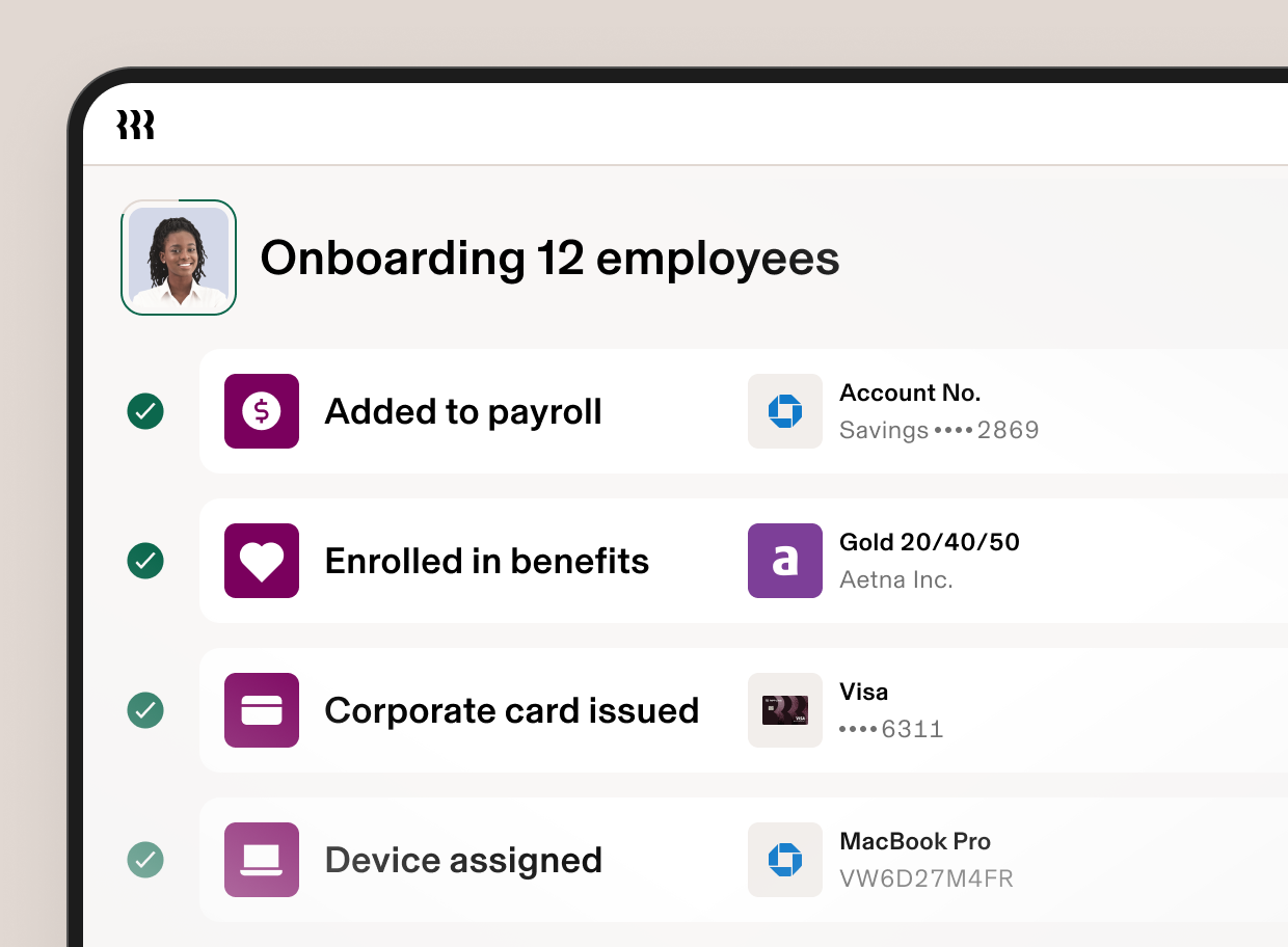Employee onboarding interface showing completed steps: payroll, benefits enrolment, corporate card issuance and device assignment.
