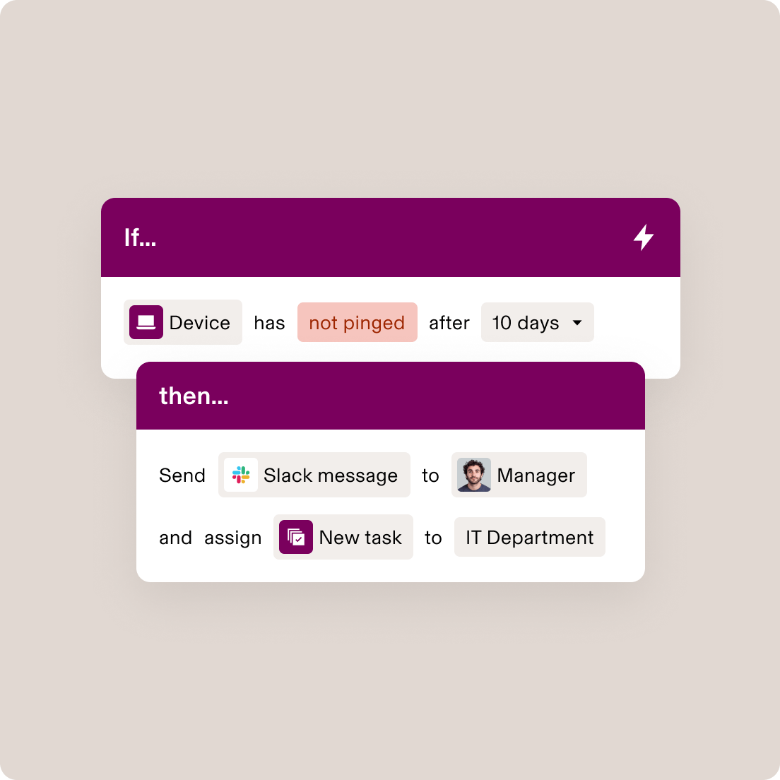 Interface de workflow d’automatisation sur laquelle est affichée l’instruction « Si l’appareil n’a pas été activé depuis 10 jours, alors envoyer un message Slack au manager et attribuer la tâche au service IT »