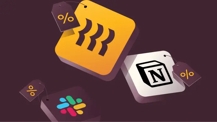 App icons with discount tags featuring Slack, Notion, and a colorful Slack alternative against a dark purple background.