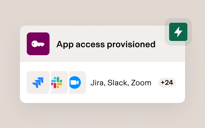 App access notification showing provisioned status with Jira, Slack, Zoom and 24 more apps available.