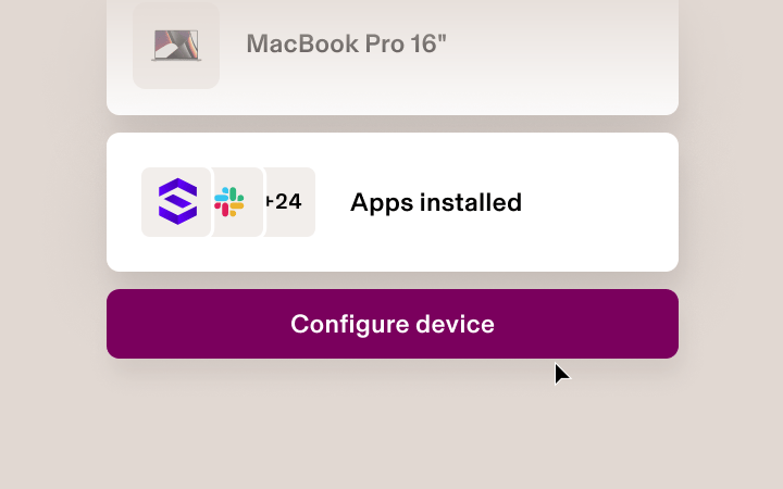 Device management interface showing MacBook Pro 16" with apps installed and a purple "Configure device" button below.