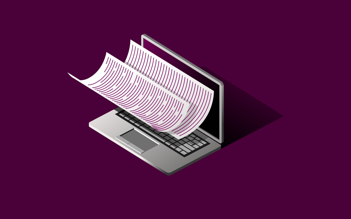 Graphic illustration of two documents hovering in front of a laptop