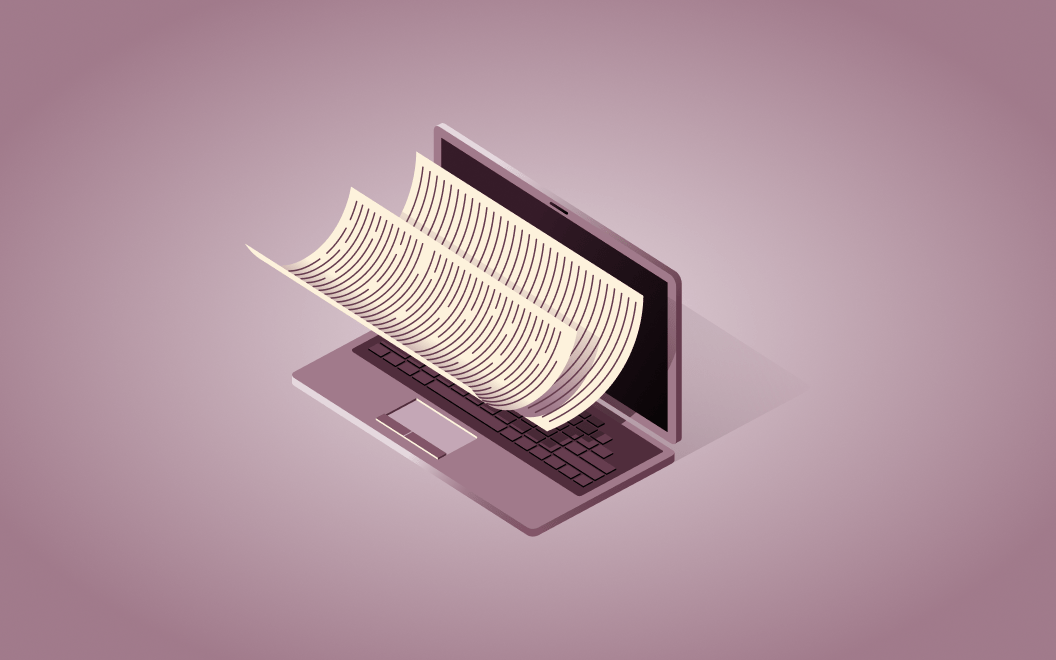 Graphic illustration of two documents hovering in front of a laptop