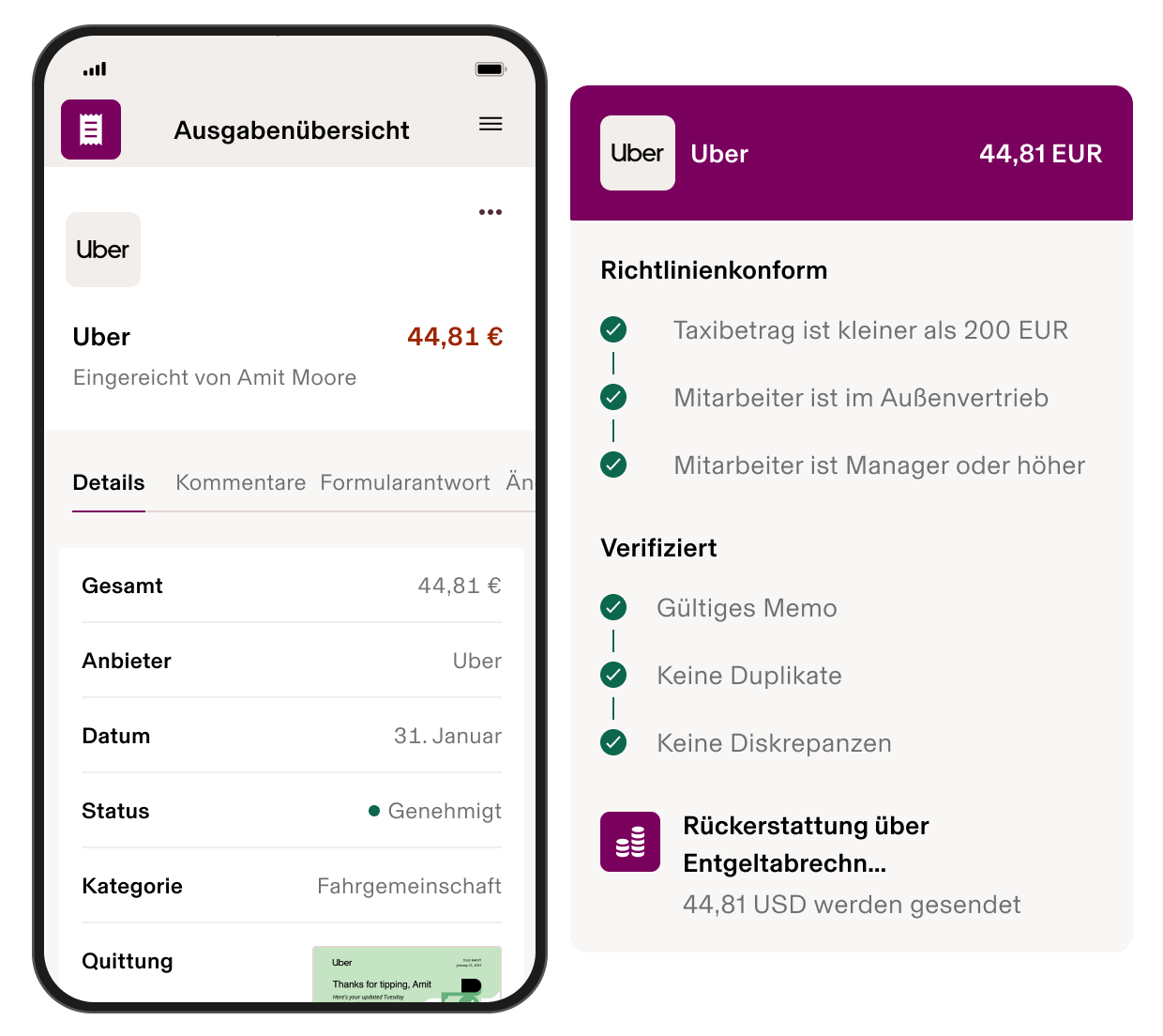 Mobile Ausgaben-App zeigt eine genehmigte Uber-Fahrt über 44,81 $ mit Richtlinienprüfung und Details zur Erstattung.