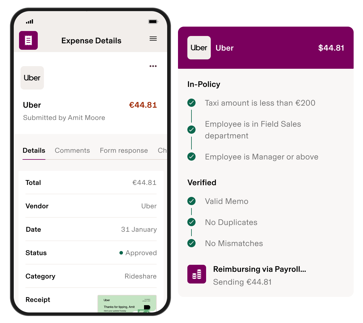 Mobile expense app showing approved $44.81 Uber ride with policy verification and reimbursement details.