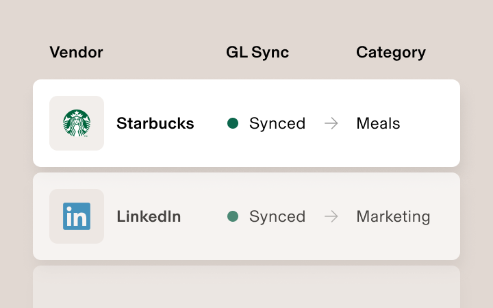 Vendor sync status interface showing Starbucks (Meals) and LinkedIn (Marketing) both successfully synced with GL Sync.