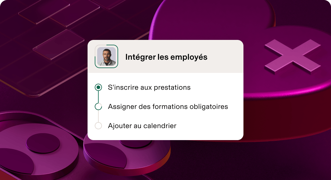 Interface d’accueil et intégration des employés indiquant que l’étape de l’inscription aux avantages sociaux est terminée, les étapes de formation et de planification étant en attente.