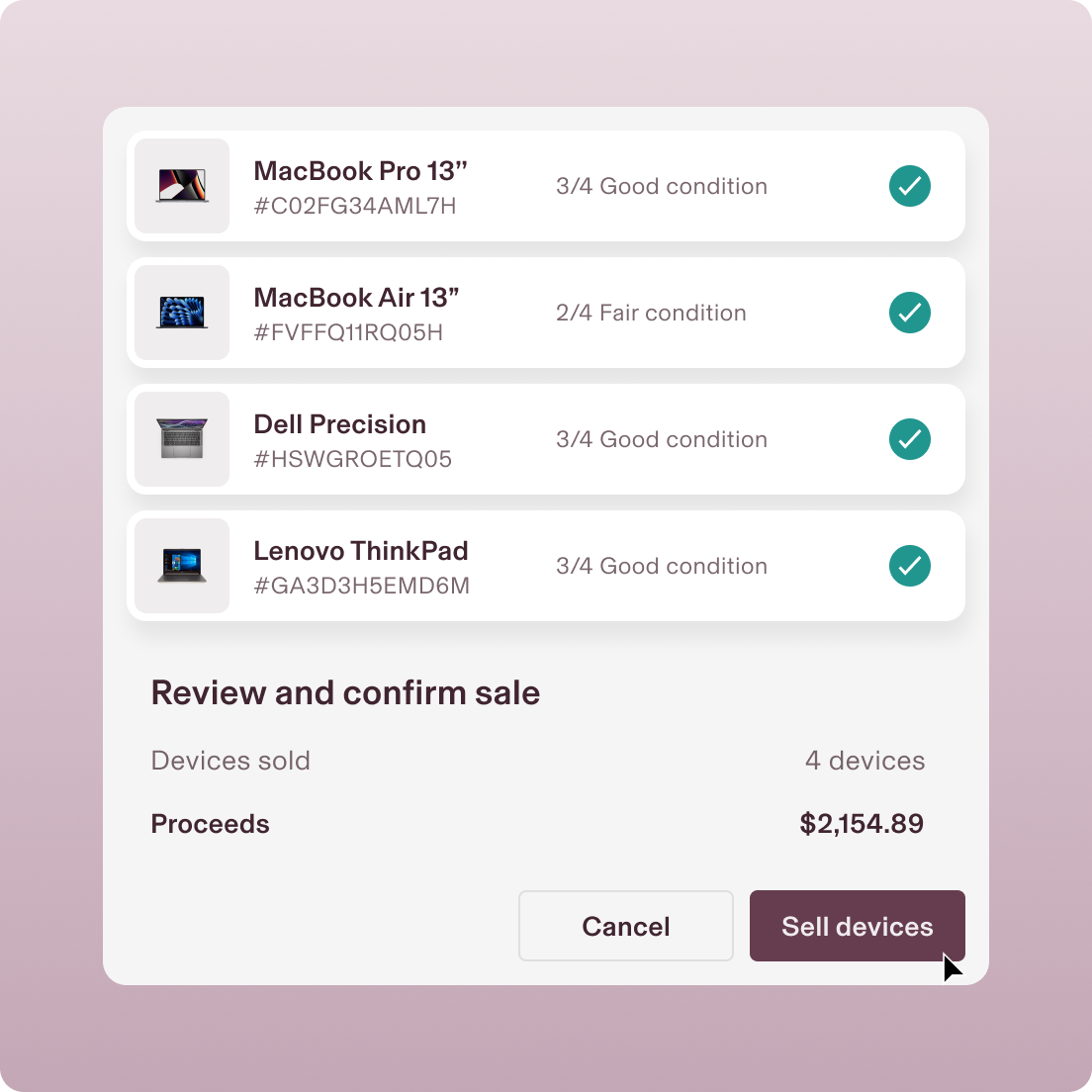 Reviewing a cart of devices that are being returned for credit.