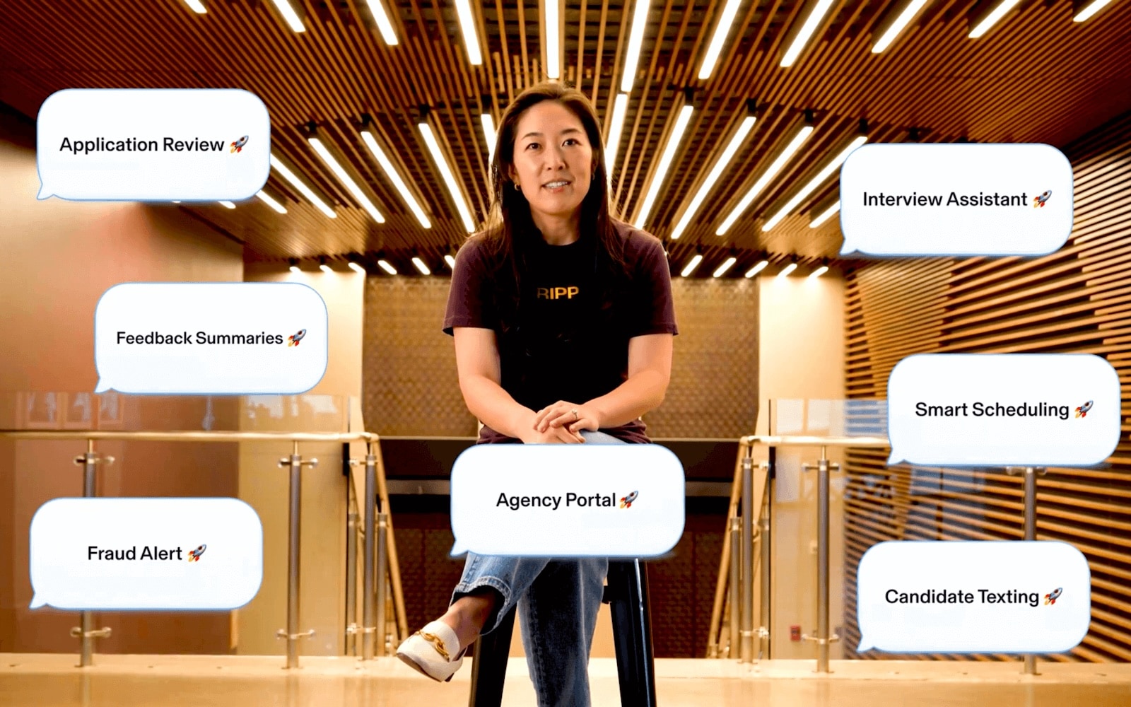 Rippler Sara Koo with text bubbles surrounding her with different recruiting features. 