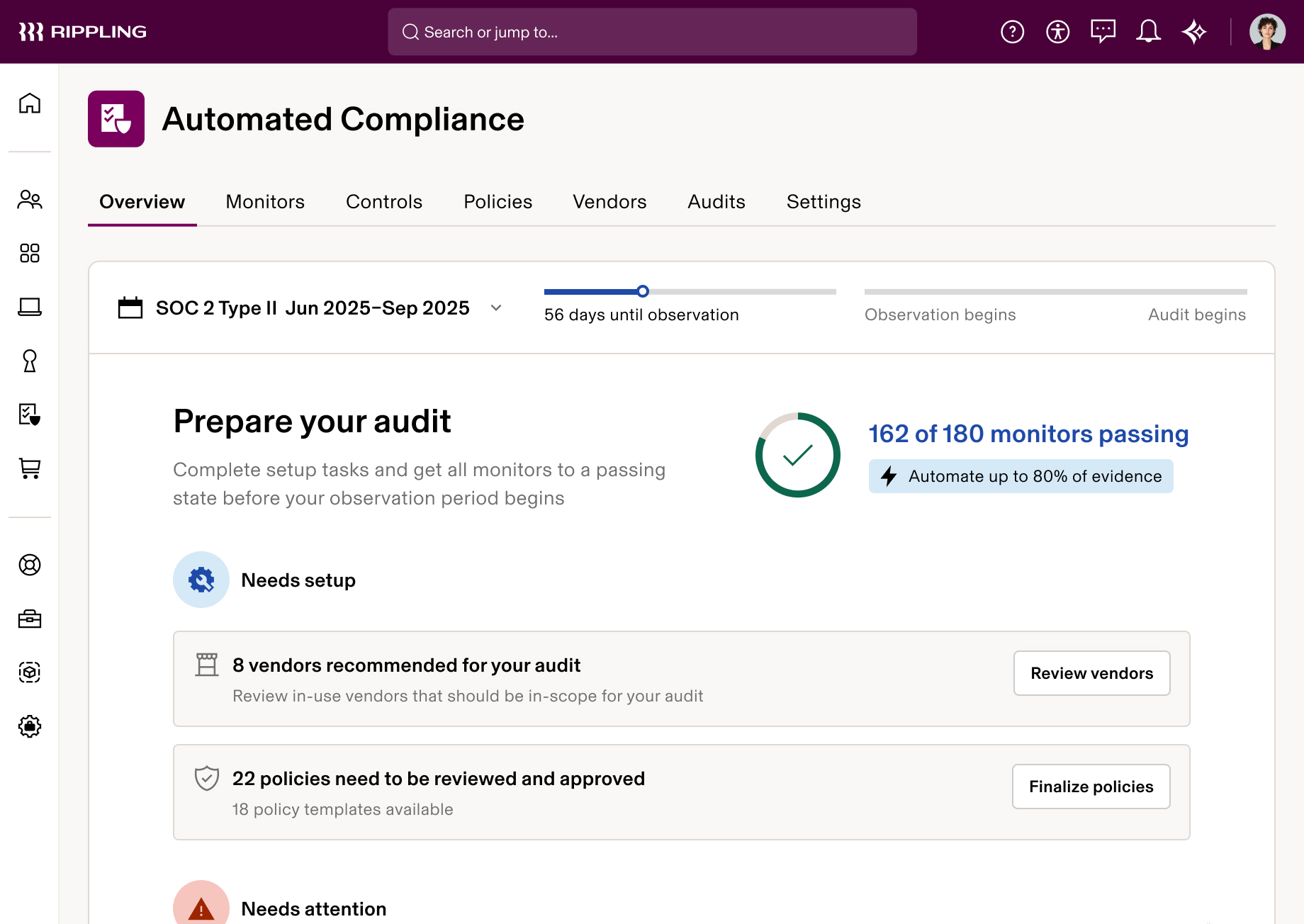 Rippling Automated Compliance dashboard showing SOC 2 audit preparation with 162 of 180 monitors passing and 56 days until observation.