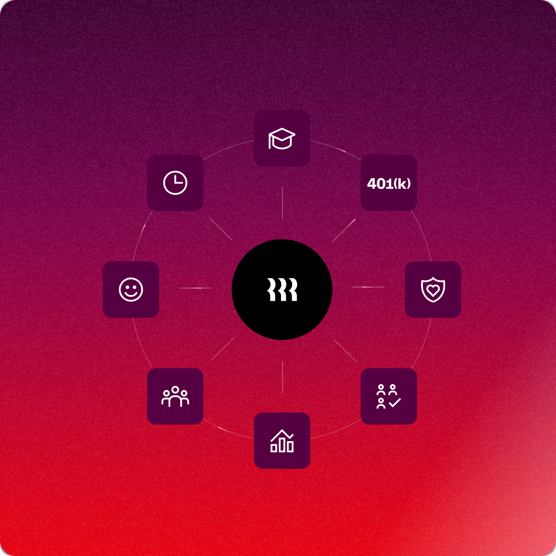 Graphic illustration of a circle of app icons – including icons depicting a graduation cap, a shield, an increasing bar chart, a smiley face and a clock – around the Rippling logo