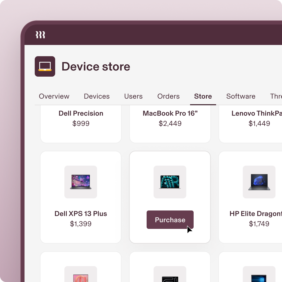 Rippling Device store displaying a list of laptops to purchase.