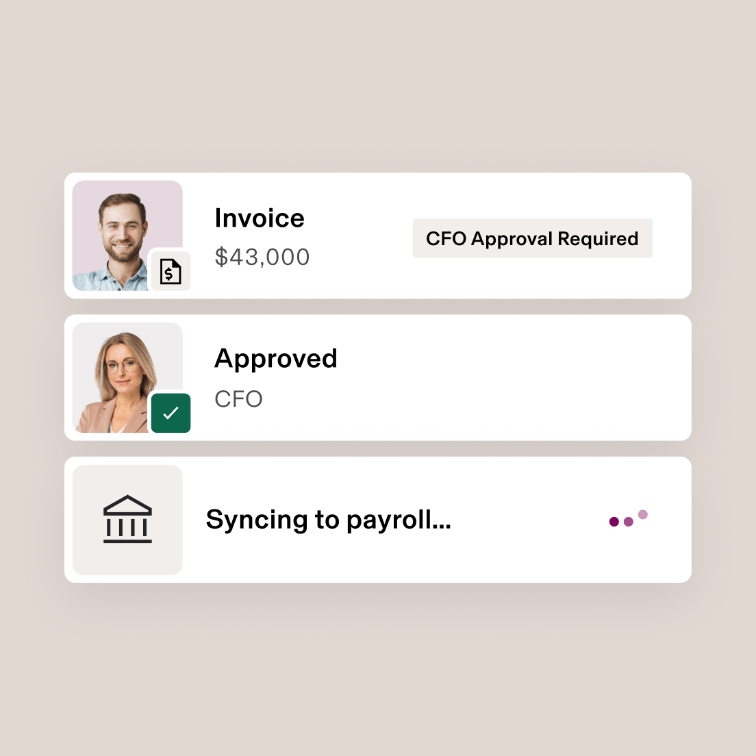 Invoice approval interface showing $43,000 invoice requiring CFO approval, approved status, and syncing to payroll in progress.