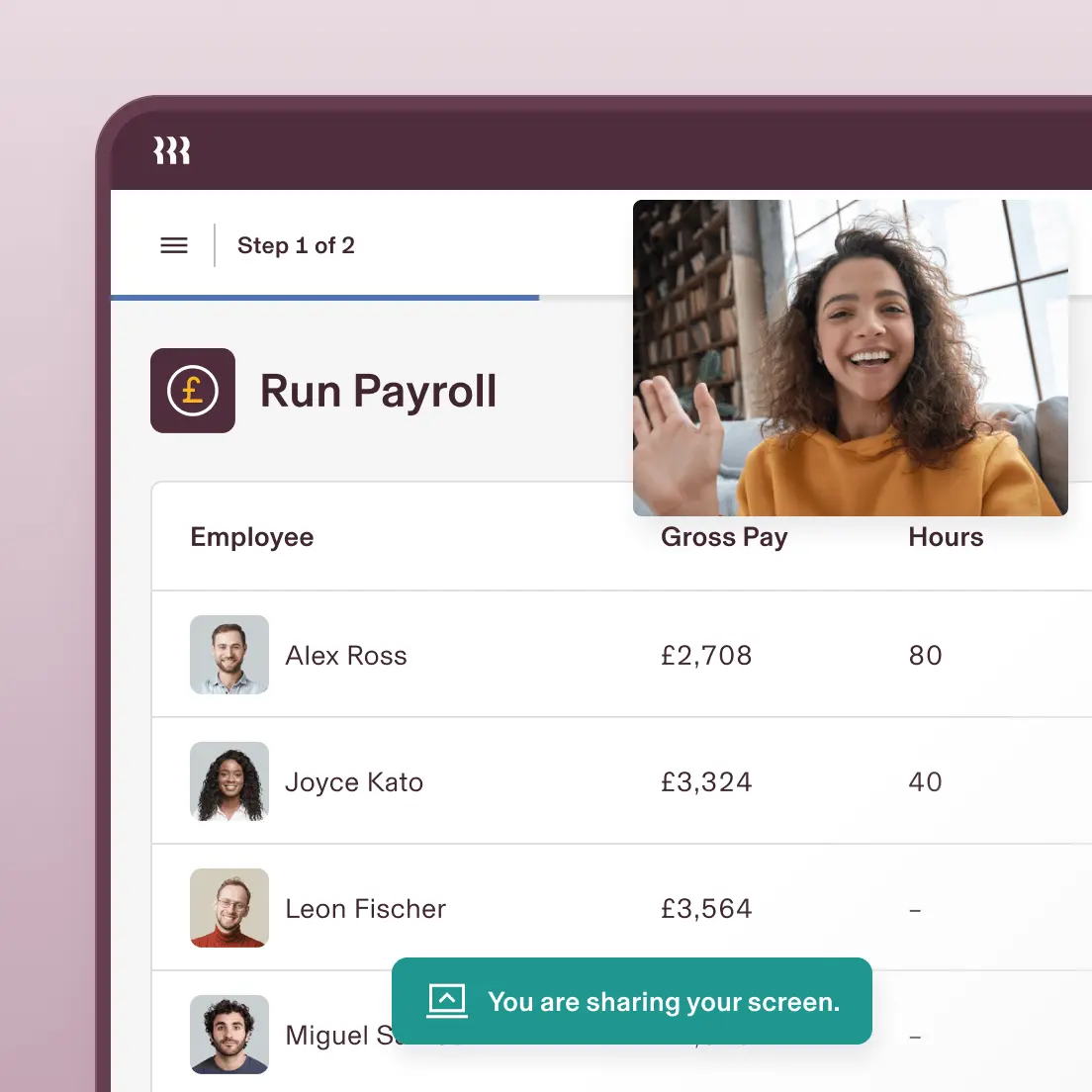 A smiling employee from Rippling customer service in a video call window overlapping a tablet showing a screen in Rippling titled "Run Payroll" with a list of employees