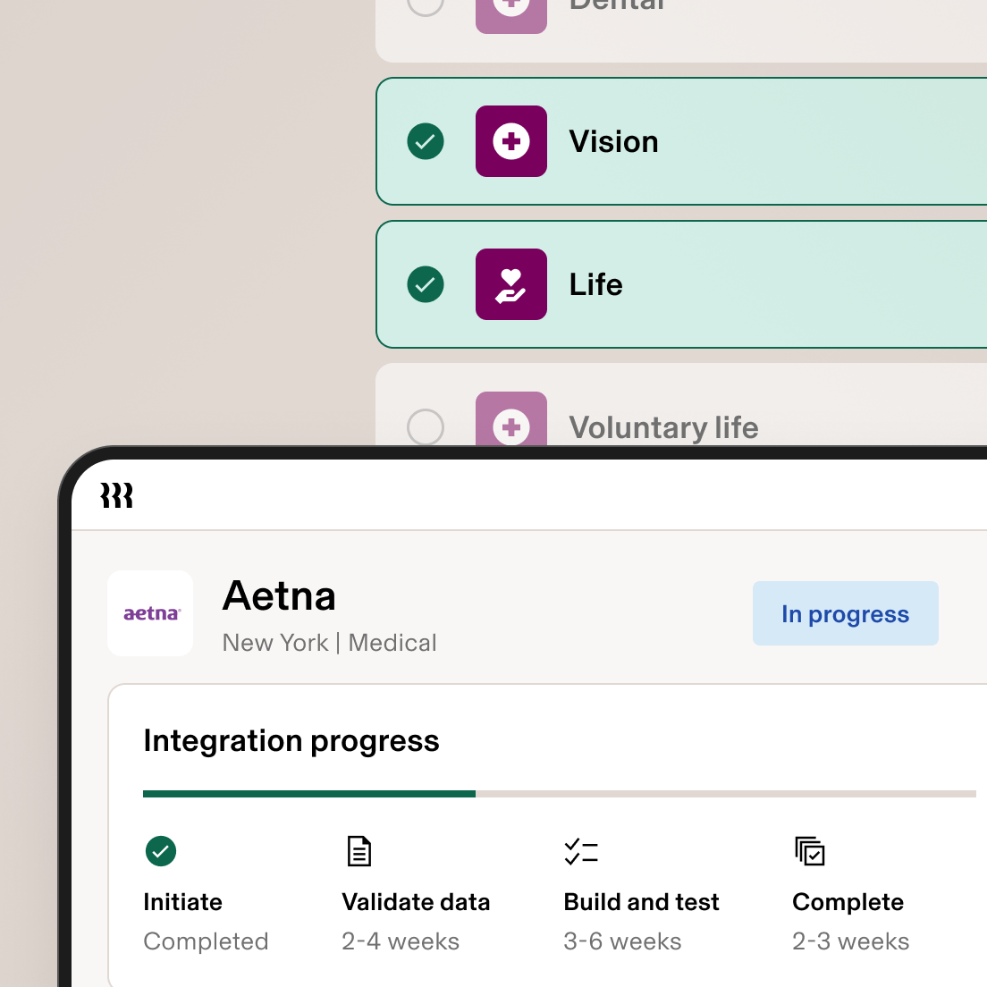 Insurance selection interface showing medical, dental, vision and life options with Blue Shield integration status window.