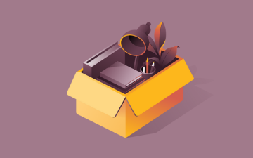 Graphic illustration of a cardboard box with a plant, a document folder, a lamp, and books inside of it