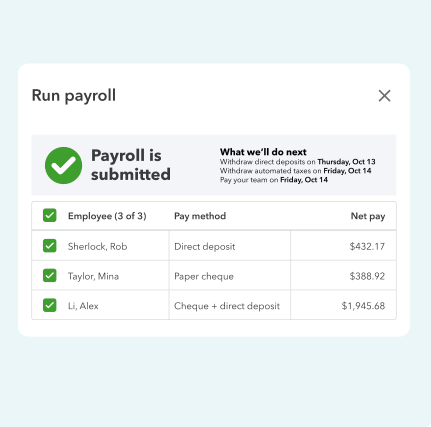 Payroll submission confirmation screen showing three employees' payment methods and amounts with a green checkmark.