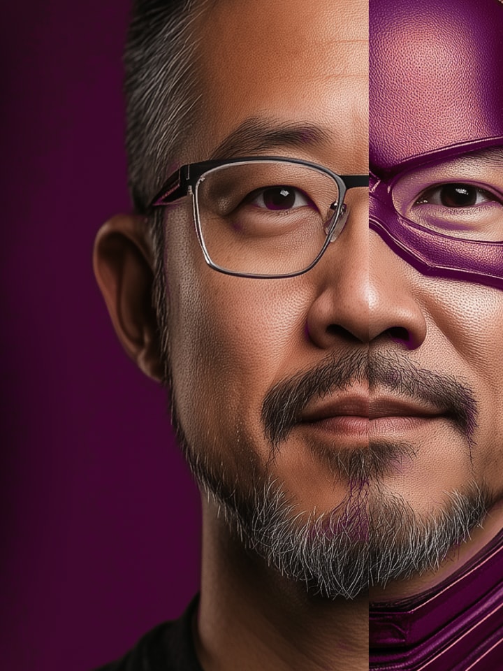 Photorealistic illustration of a person with half of their face covered with a superhero mask with The IT Factor logo overlaid