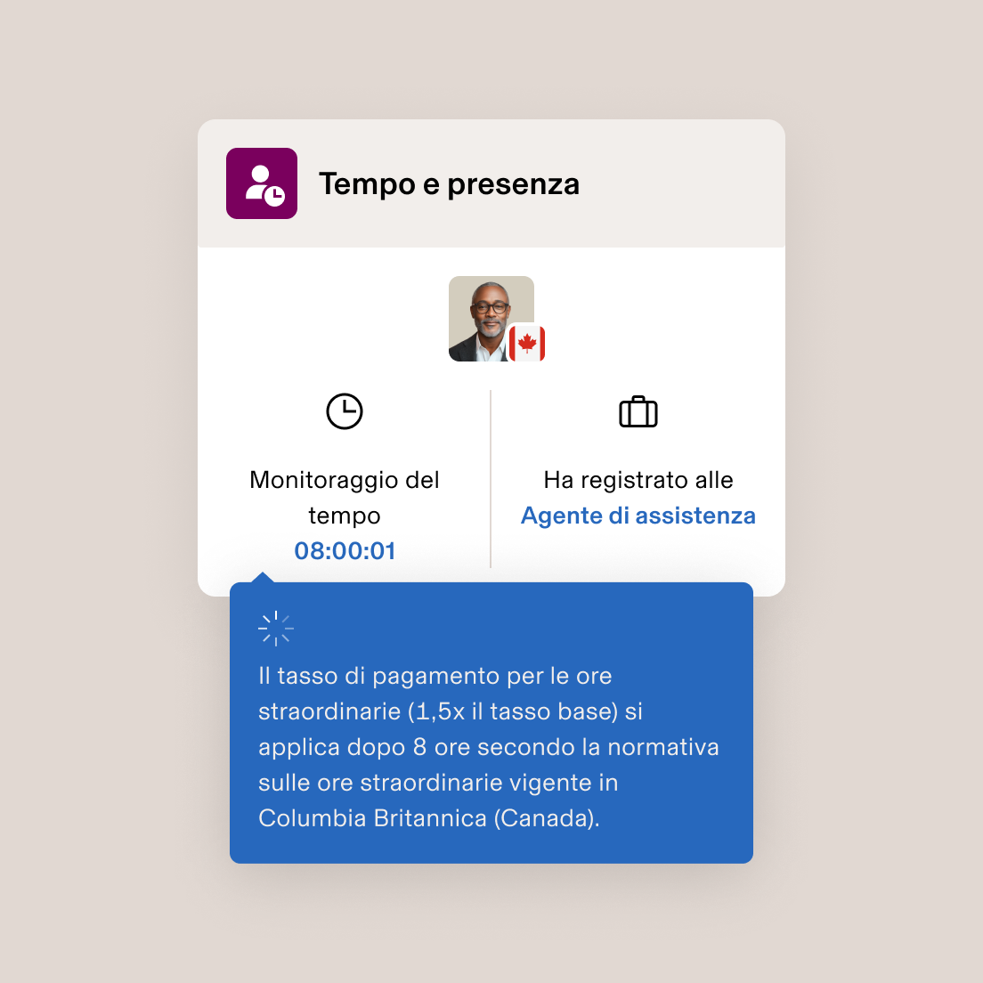 Interfaccia Presenze e orari che mostra la registrazione 08:00:01per un agente dell'assistenza con la notifica della paga per gli straordinari per la British Columbia.