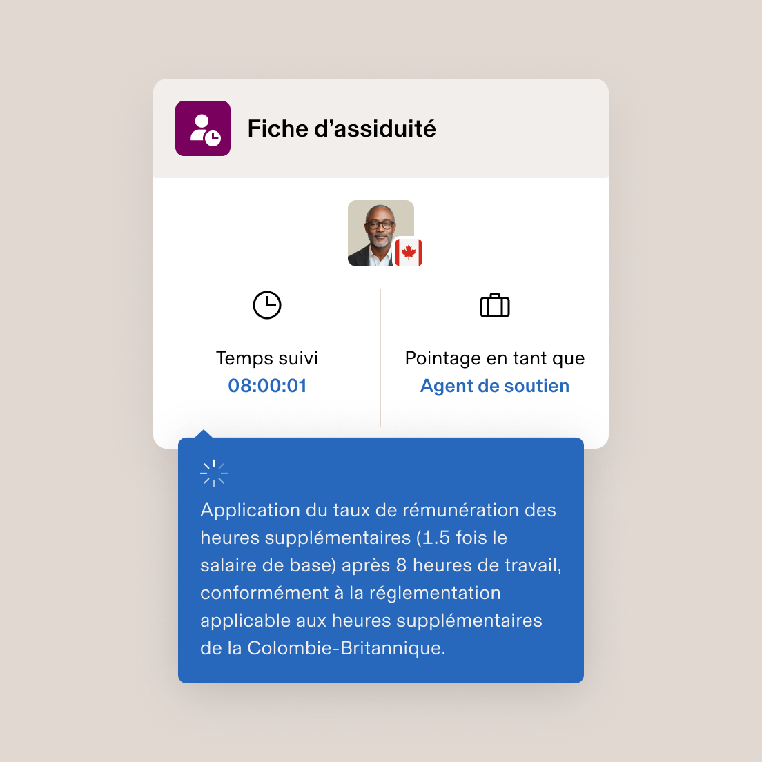 Interface Temps et présence indiquant 08:00:01 enregistré pour un agent de soutien avec une notification de paiement de temps supplémentaire pour la Colombie-Britannique.