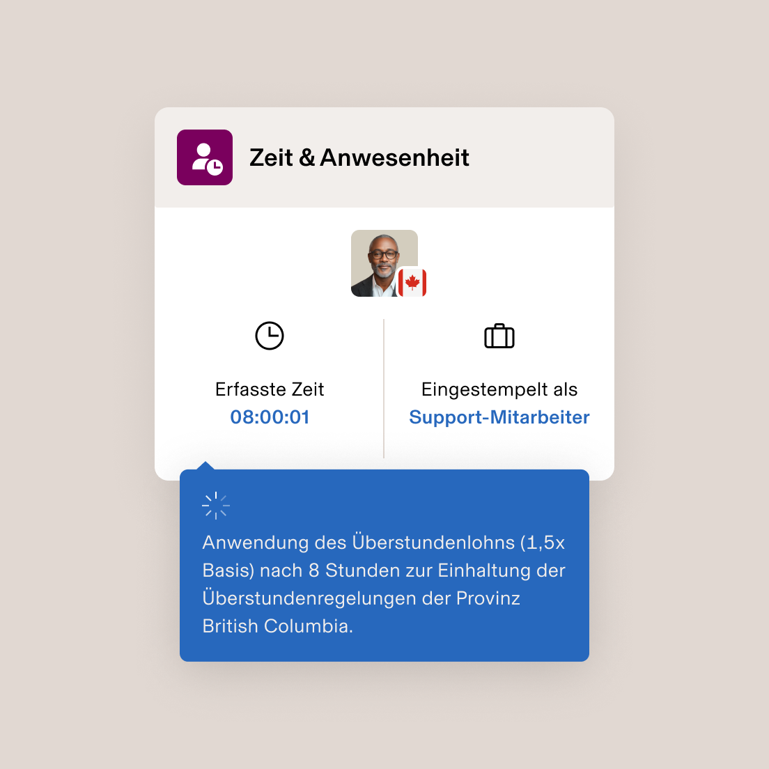Zeiterfassungsbildschirm, der 08:00:01 für einen Supportmitarbeiter und eine Benachrichtigung für die Bezahlung von Überstunden für British Columbia anzeigt.