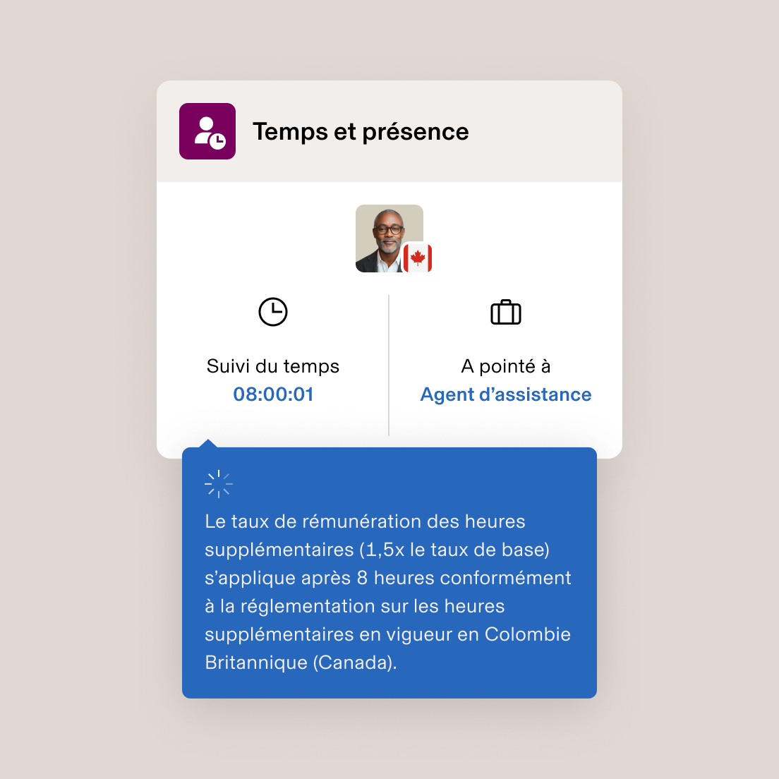 Interface de Temps et présence sur laquelle est affiché un suivi de 08:00:01 d’un agent d’assistance avec une notification concernant la rémunération des heures supplémentaires en Colombie-Britannique.