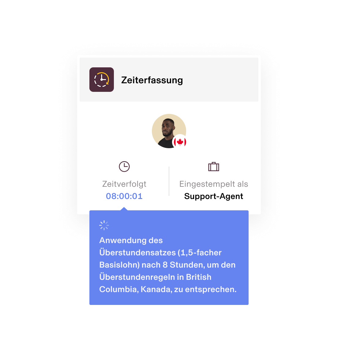 Zeiterfassungsbildschirm, der 08:00:01 für einen Supportmitarbeiter und eine Benachrichtigung für die Bezahlung von Überstunden für British Columbia anzeigt