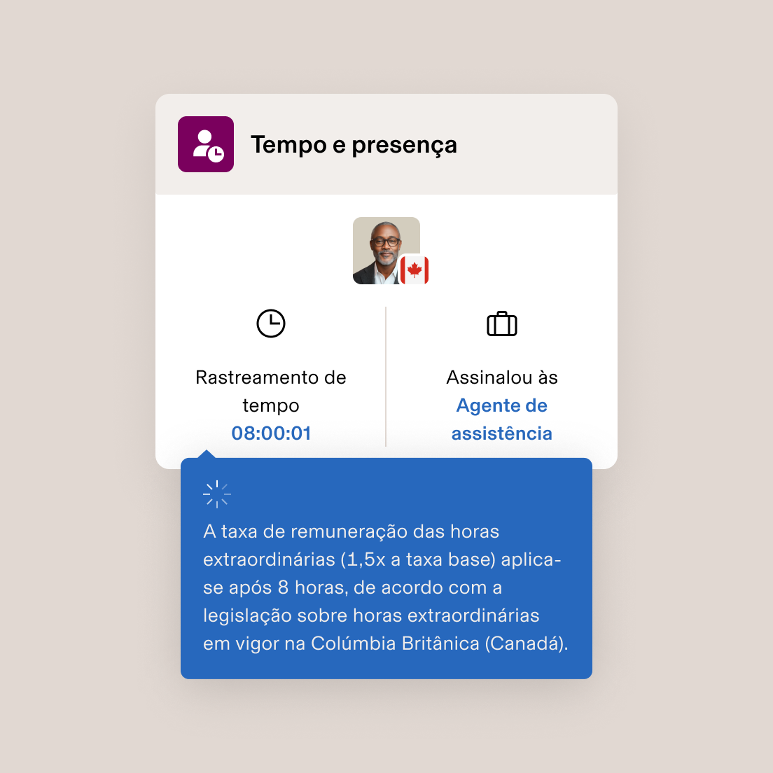 Interface de Horas e Assiduidade a mostrar 08:00:01 monitorizadas para a função de Agente de assistência com notificação de pagamento de horas extraordinárias na Colúmbia Britânica.