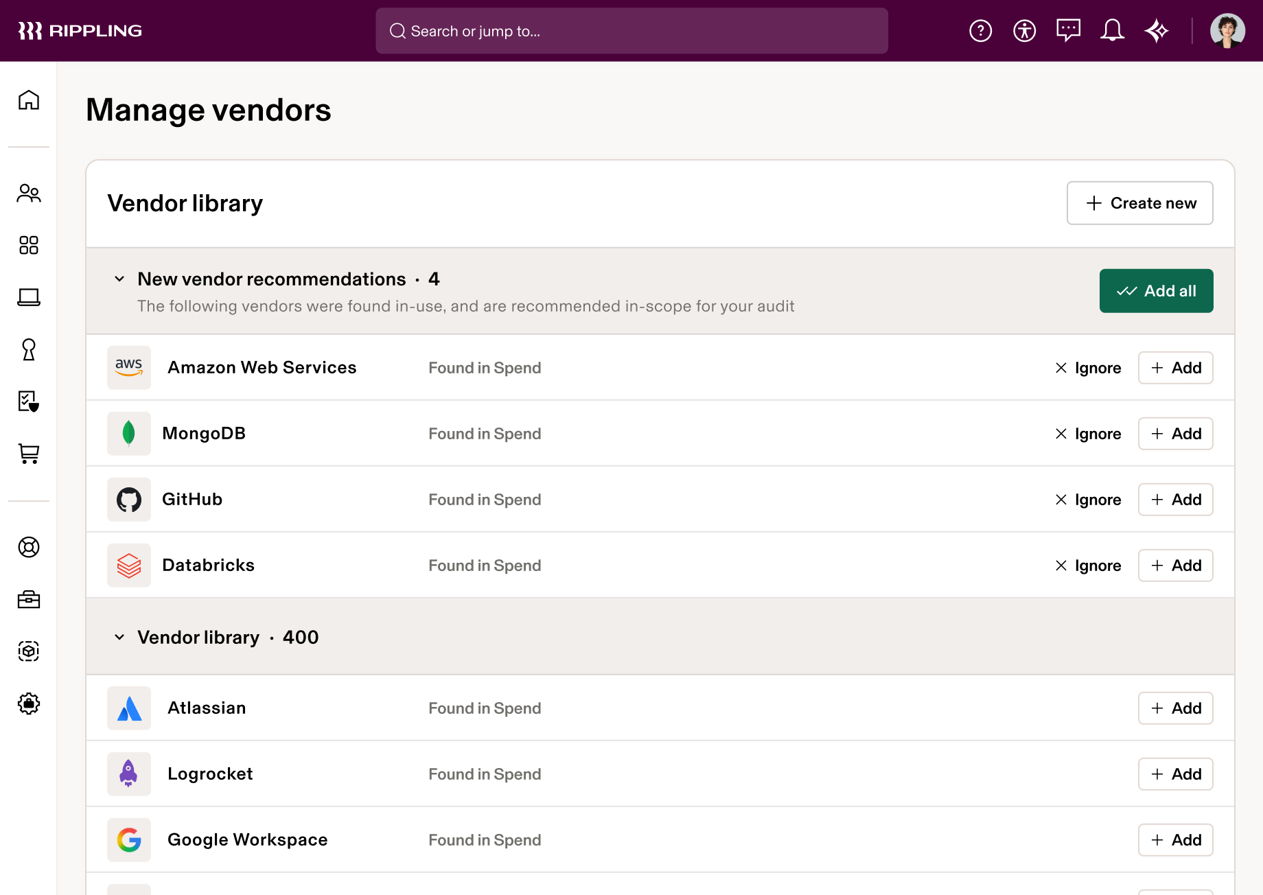 Rippling vendor management interface showing recommended vendors like Atlassian and Google Workspace with options to add or ignore.