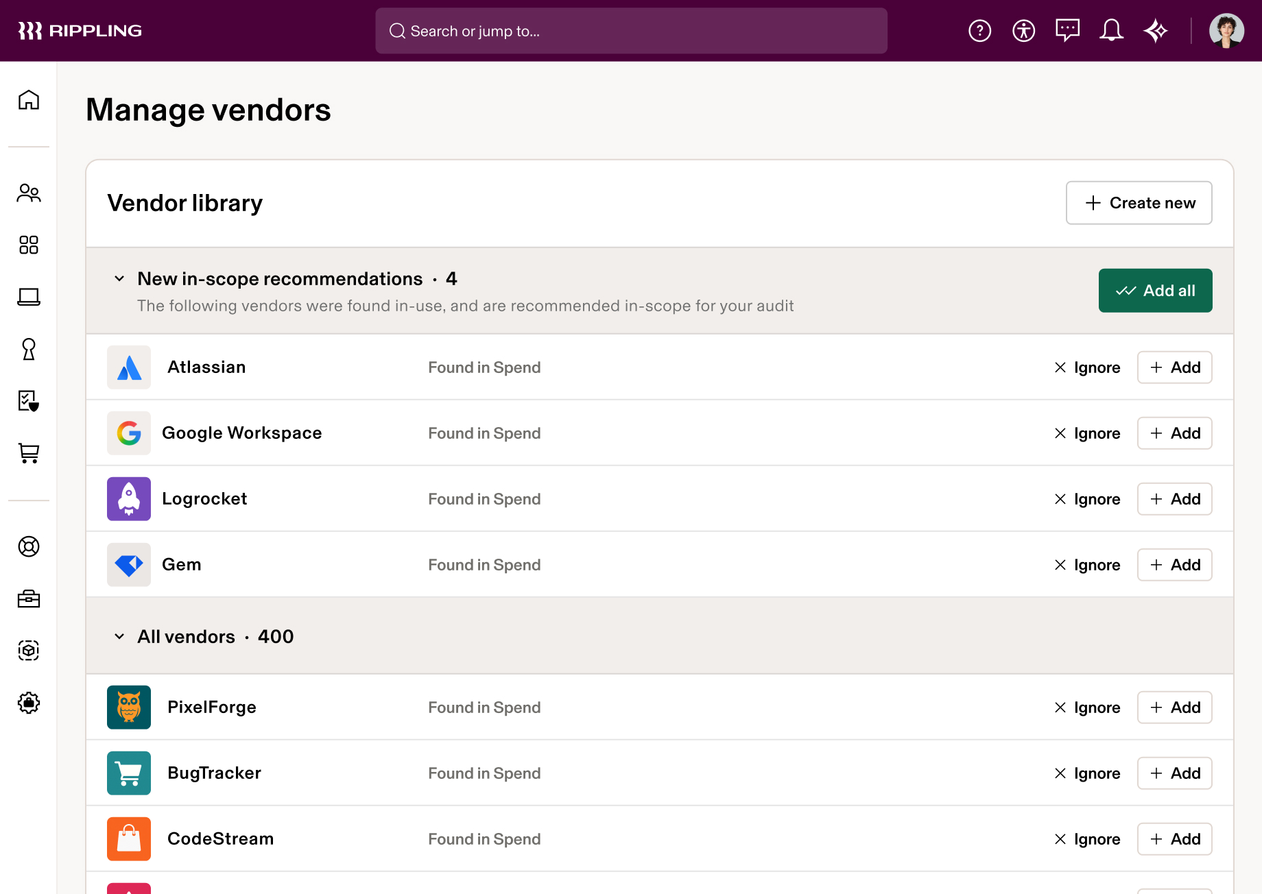 Rippling vendor management interface showing recommended vendors like Atlassian and Google Workspace with options to add or ignore.