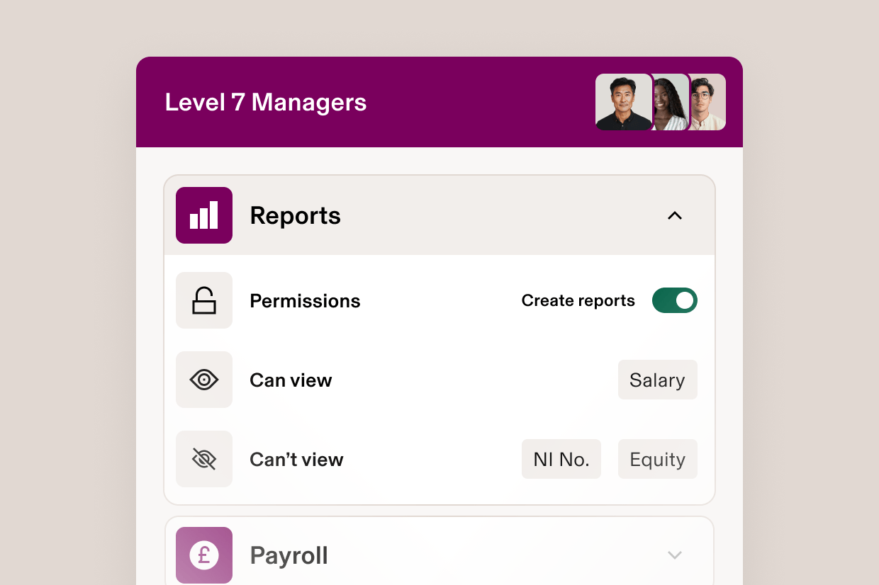 Level 7 Managers dashboard showing permissions settings with viewable salary data and restricted SSN and equity information.