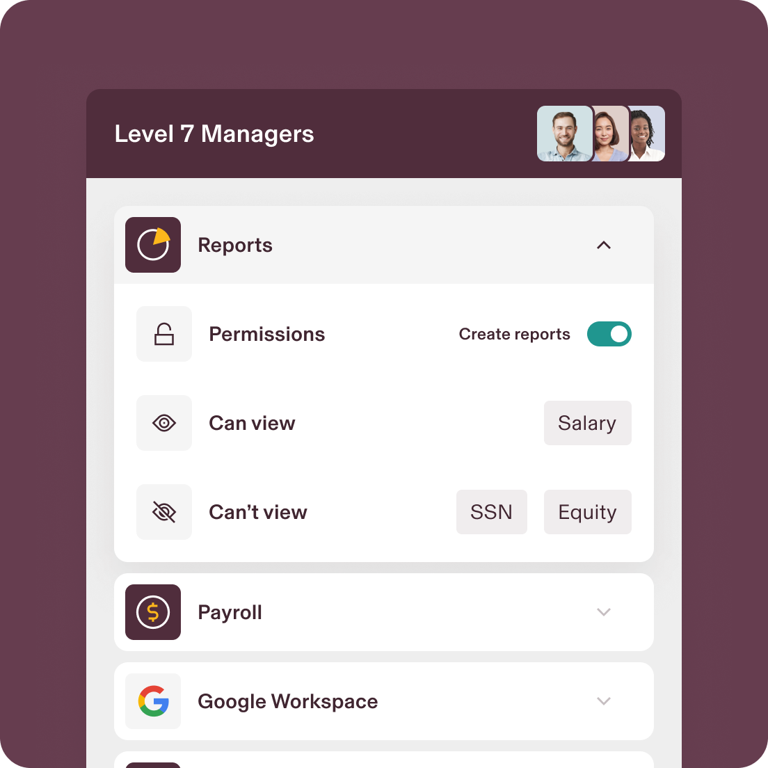 Level 7 Managers dashboard showing permissions settings with viewable salary data and restricted SSN and equity information.