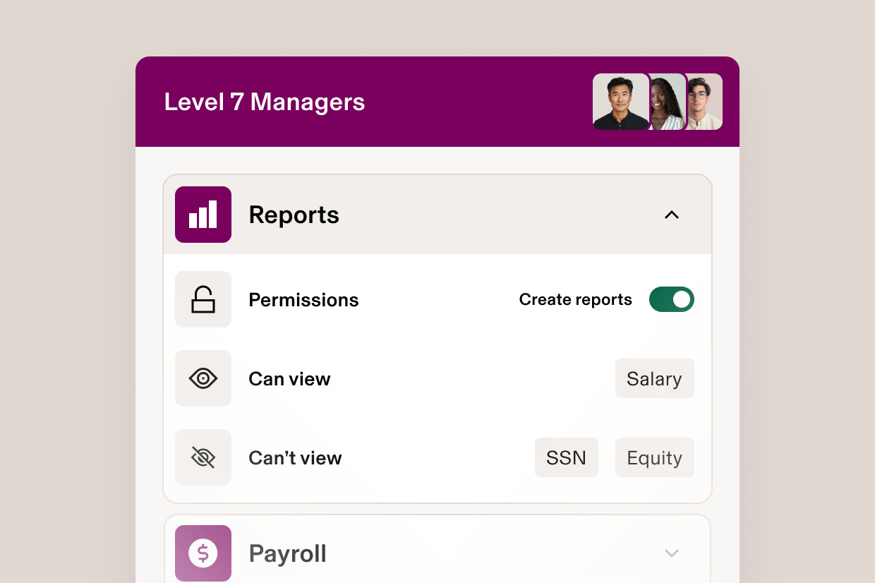 Level 7 Managers dashboard showing permissions settings with viewable salary data and restricted SSN and equity information.
