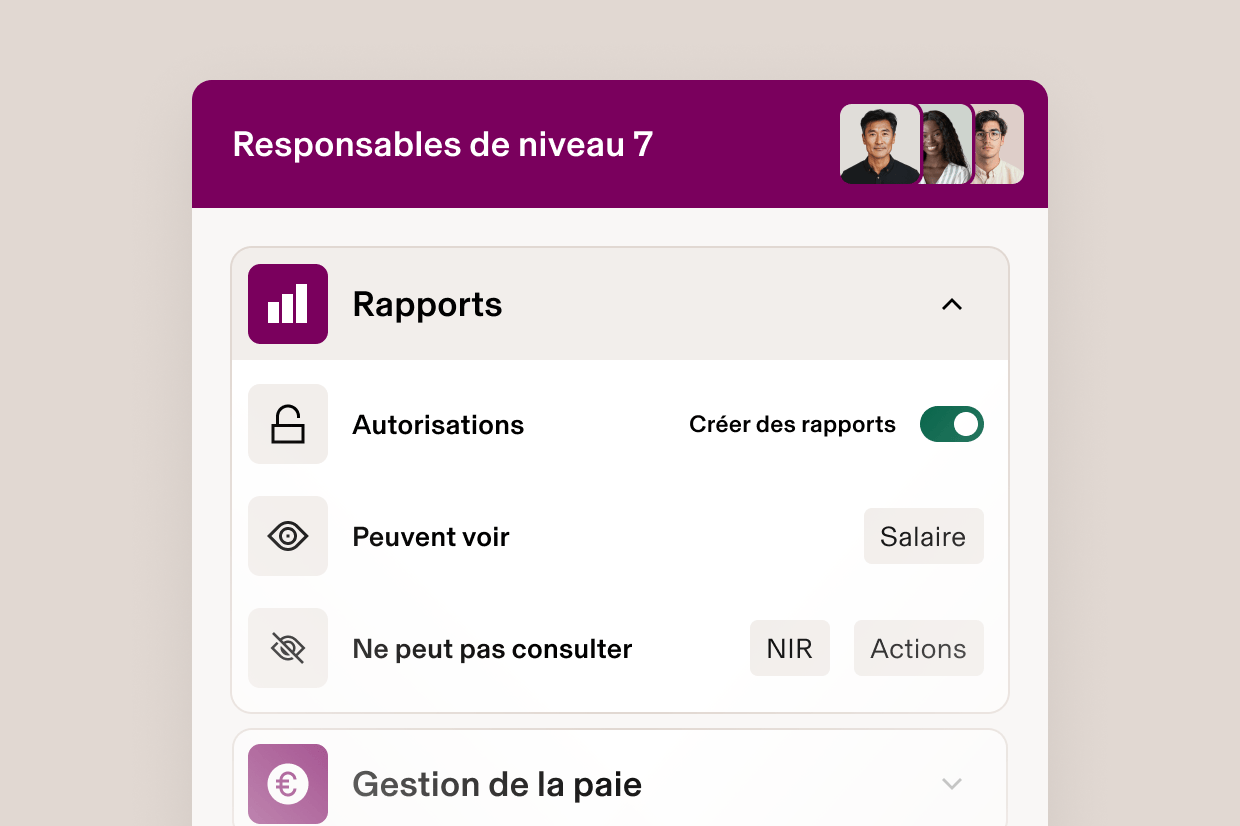 Tableau de bord Responsables niveau 7 sur lequel sont affichés les paramètres d’autorisations : les données sur les salaires sont visibles, mais les numéros de sécurité sociale et les informations sur les actions ne le sont pas.