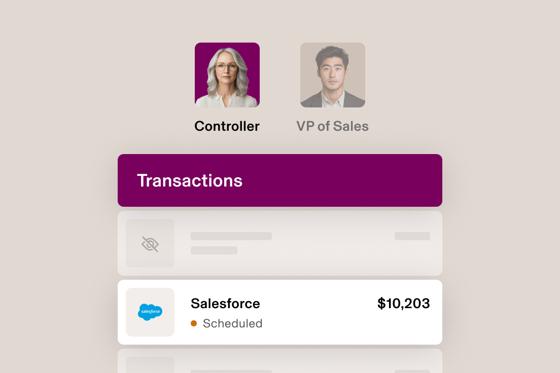 Business interface showing Controller and VP of Sales profiles above a transactions panel with a scheduled Salesforce payment of $10,203.