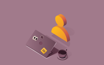 A graphic illustration of an open laptop, a cup of coffee, and an icon representing an employee