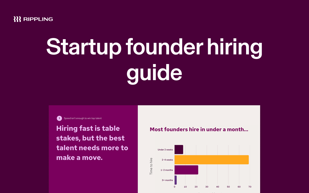 3D book cover in dark berry with Rippling’s logo. Text says: EOY Founder’s Guide to Hiring in the AI Era