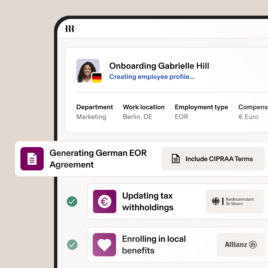 Employee onboarding interface showing profile creation for a Marketing employee based in Berlin with EOR status and Euro compensation.