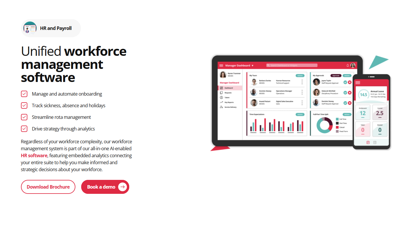 HR and payroll software interface showing workforce management dashboard with employee profiles and analytics on tablet and mobile.