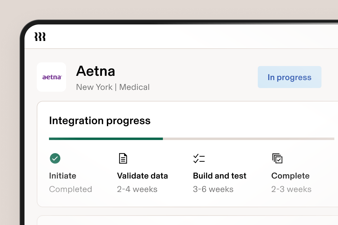 Aetna integration progress dashboard showing completed initiation phase with upcoming data validation, build and test phases.