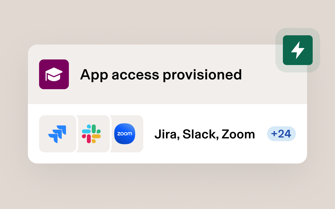 App access notification showing Jira, Slack, and Zoom icons with "+24" additional apps provisioned on a purple background.