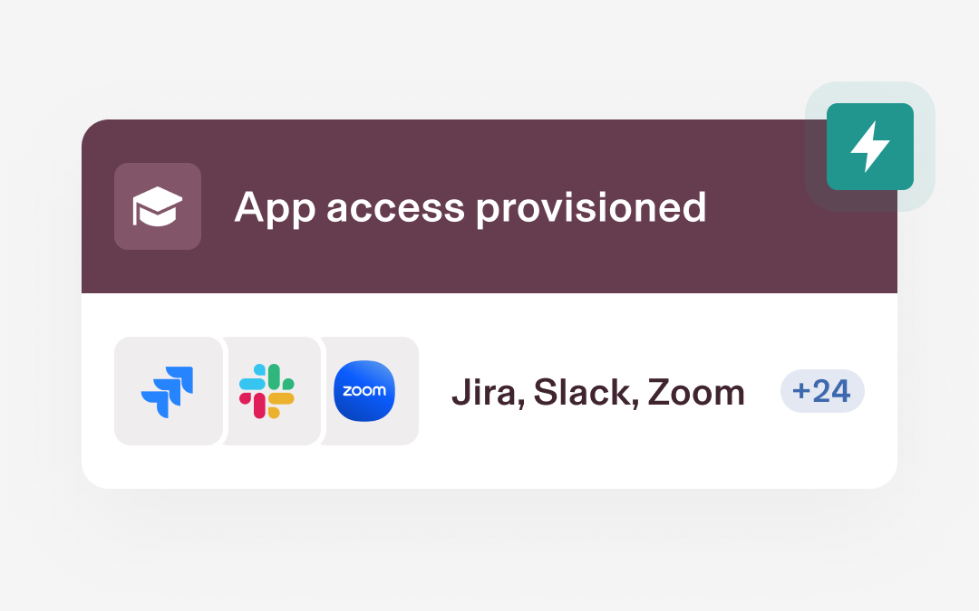 App access notification showing Jira, Slack and Zoom icons with “+24” additional apps provisioned on a purple background.